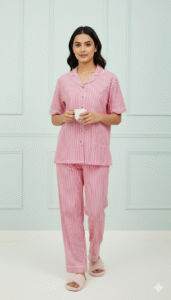 Dreamy Drapes Braless Pure Cotton Pajama Set – Pink & White Stripes, Product 4