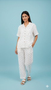 Dreamy Drapes Braless Cotton Pajama Set – White with Black Hearts