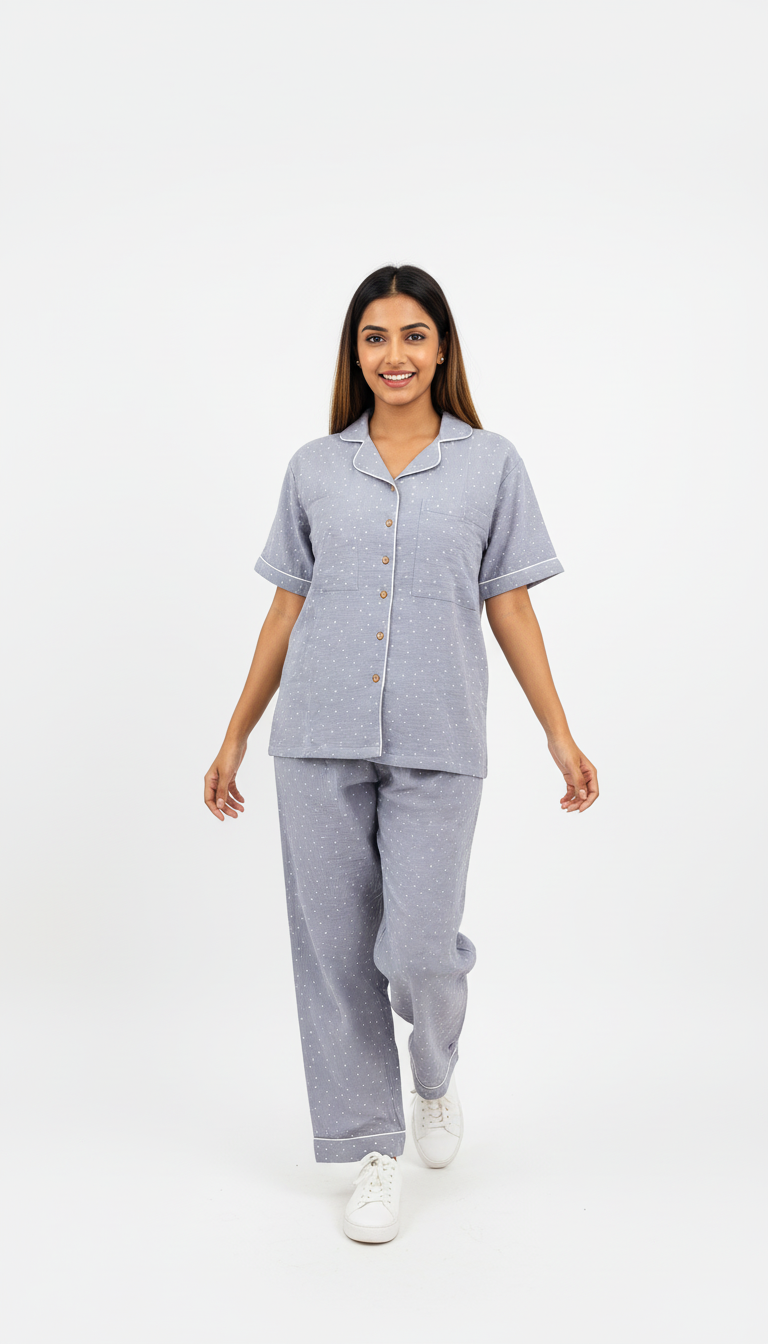 Dreamy Drapes Braless Cotton Pajama Set – Grey with White Stars