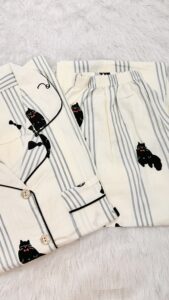 Style 4 Dreamy Drapes Imported Premium 2-Piece Night Suit – Cat Print Stripes