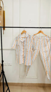 Dreamy Drapes Braless Pure Cotton Pajama Set – White with Yellow Floral Stripes