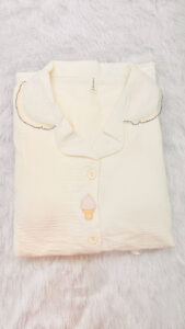 Dreamy Drapes Imported Premium Padded 3 piece  Night Suit – Ivory Ice-Cream Embroidery